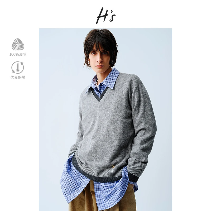 HS假两件针织衫女25年春季新款100%澳毛高级设计感拼接