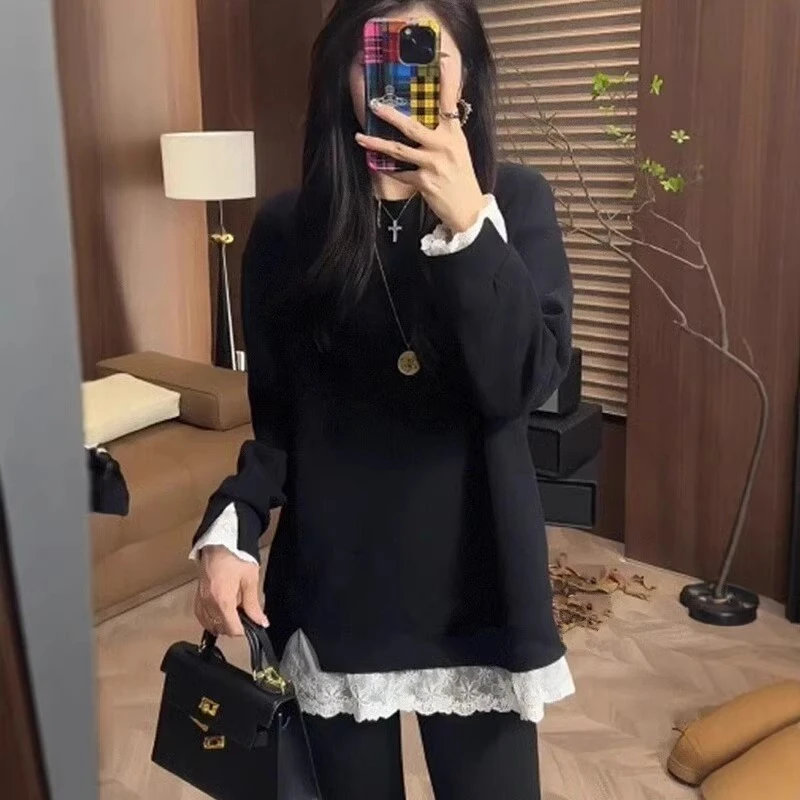 假两件撞色蕾丝拼接加厚T恤女秋冬新款宽松内搭打底衫中长款上衣