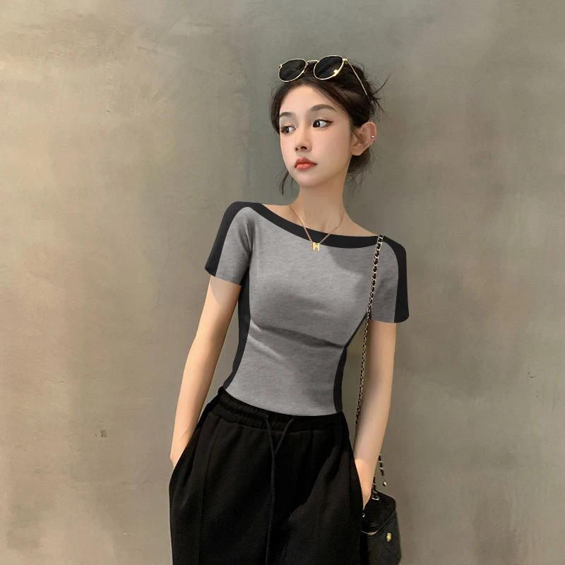 2025年春夏新款螺纹拼色一字领短袖T恤女修身显瘦打底撞色上