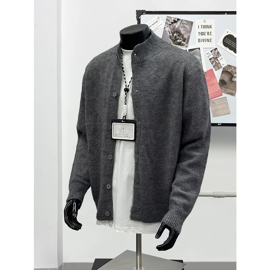 2025年春秋季新款美式街头慵懒宽松纯色简约针织毛衣开衫外套男