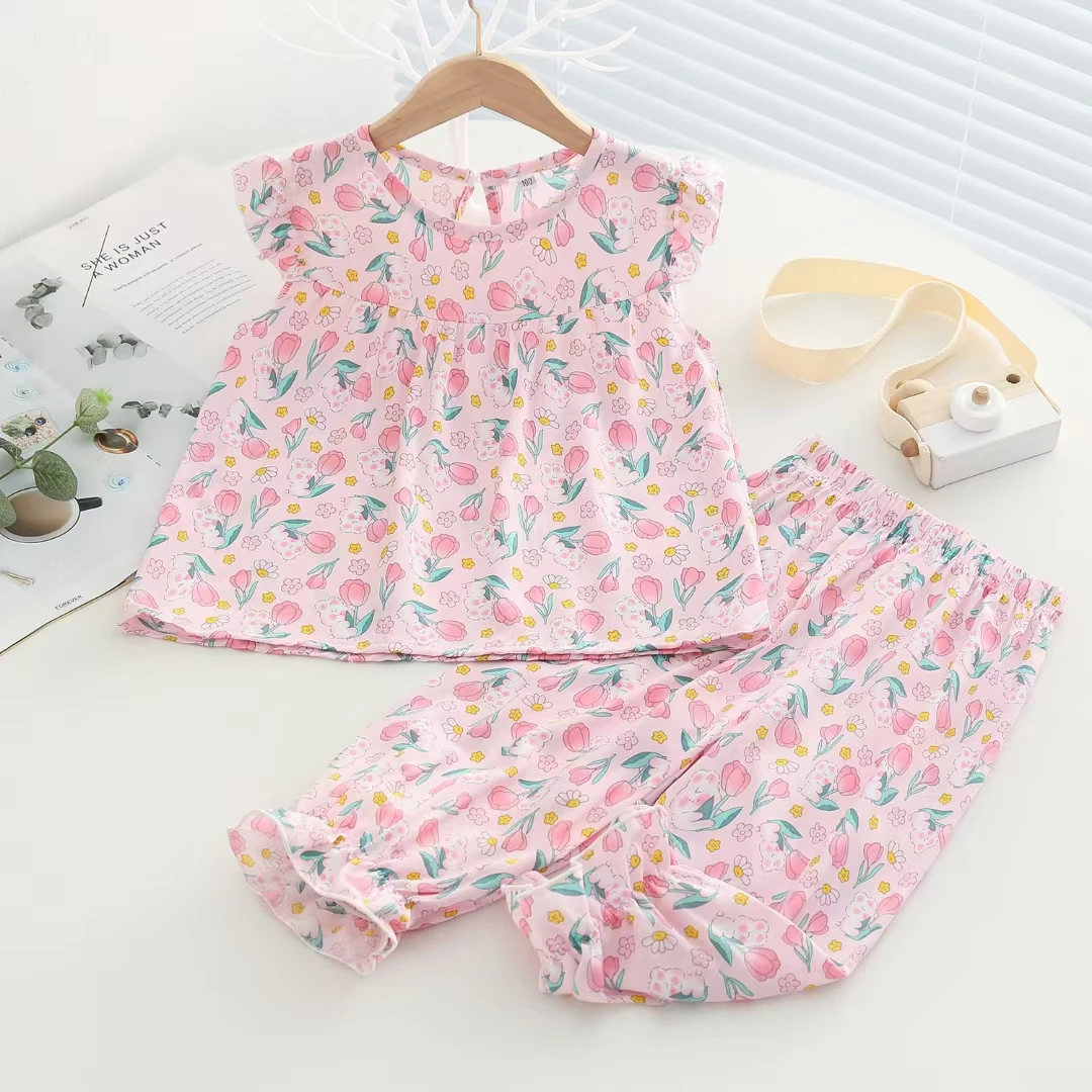 女童中小童夏季新款满印宽松棉绸套装