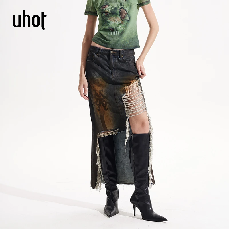 UHOT 黄蓝色定位喷色印花撕裂破坏工艺牛仔半裙个性时尚UWWS3Q417