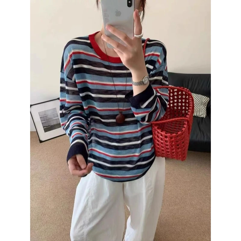 撞色条纹冰丝针织防晒罩衫女夏季长袖外搭天丝T恤空调衫薄纱上衣