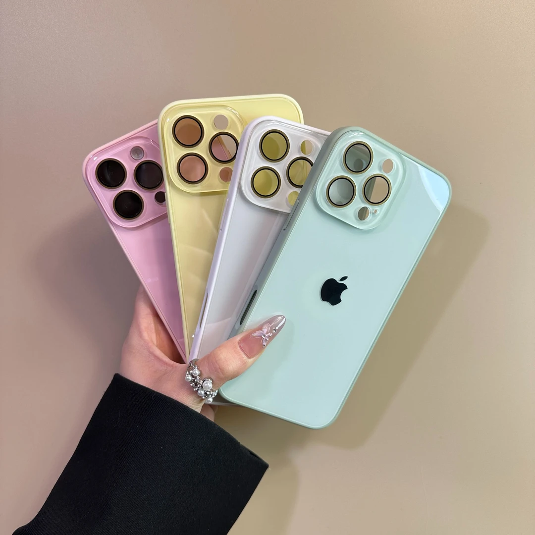 光滑亮面玻璃感自带镜头膜适用苹果16ProMax手机壳IPhone15防摔14