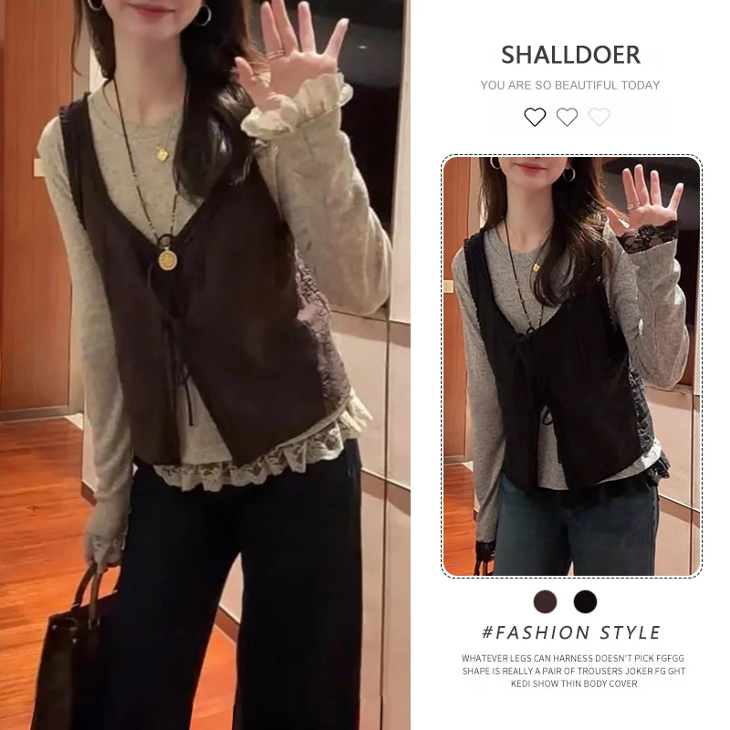 2025早秋新款韩版时尚纯色花边打底T恤绣花马甲长袖修身百搭上衣