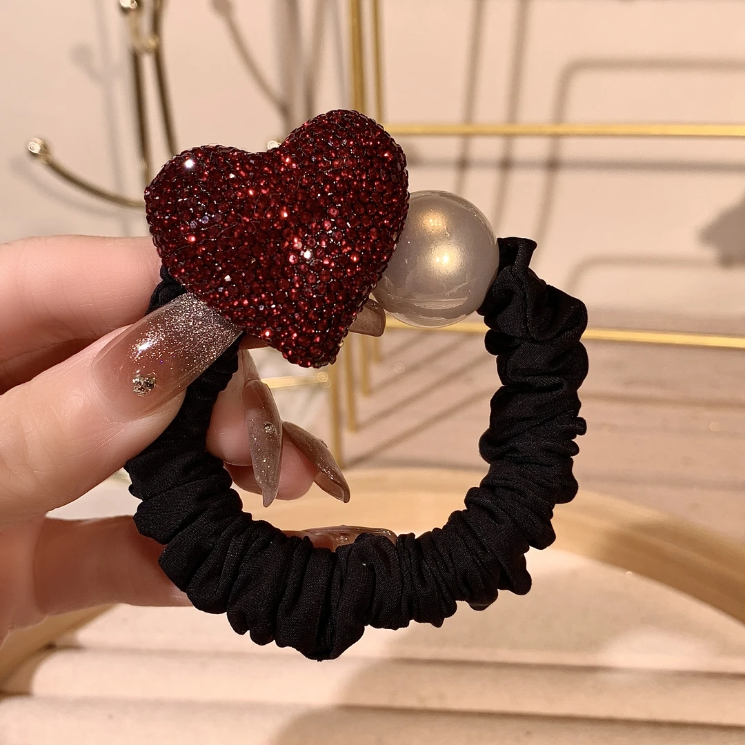 新年款红色爱心镶钻发圈头绳女高端洋气扎头发皮筋高弹力百搭发饰