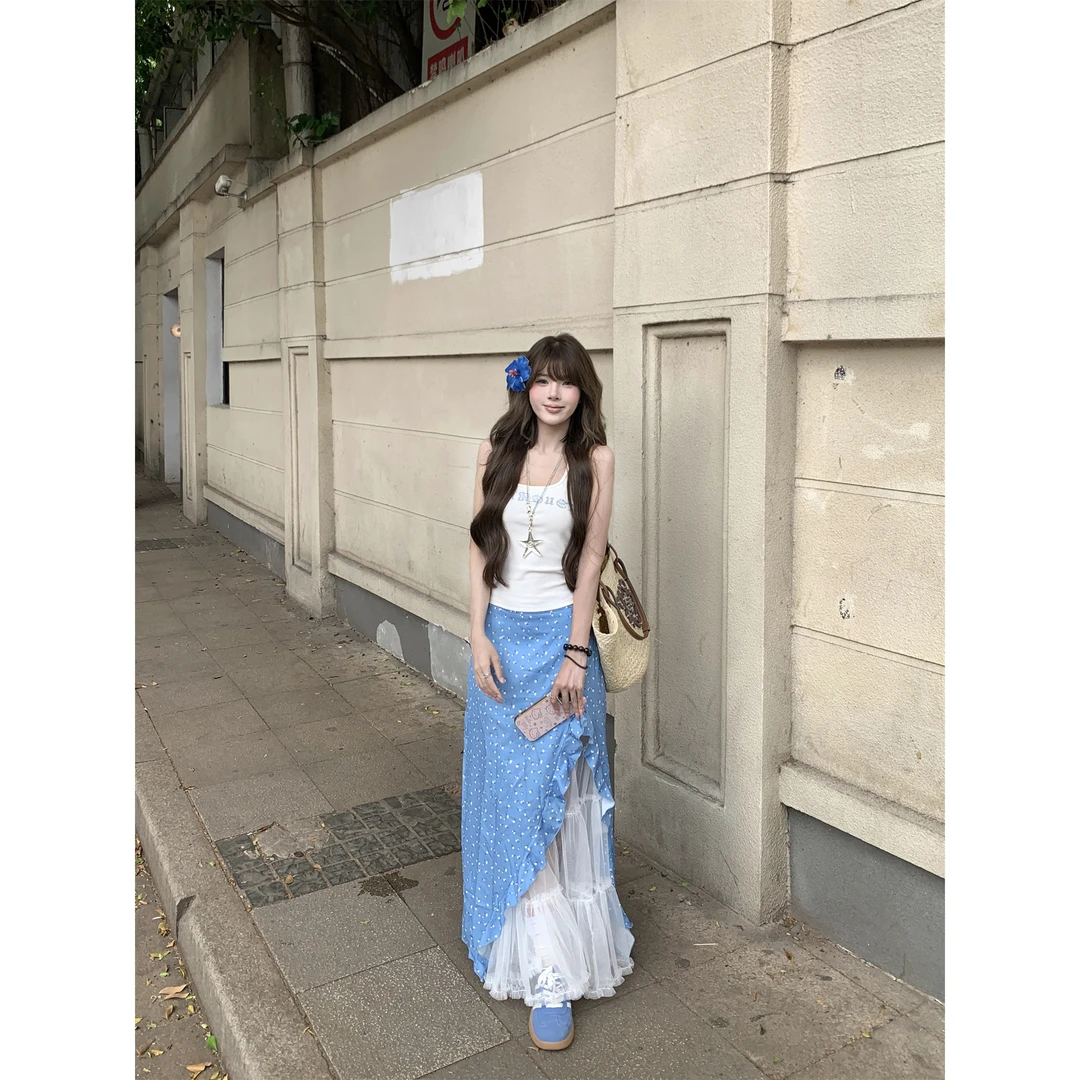 蓝色小碎花半身裙女夏韩系高腰宽松拼接网纱假两件长裙
