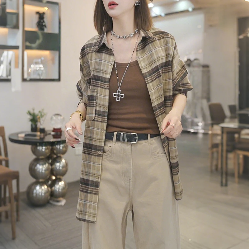 休闲百搭长袖开衫上衣女女2025早秋胖MM韩系chic复古格子衬衫外套