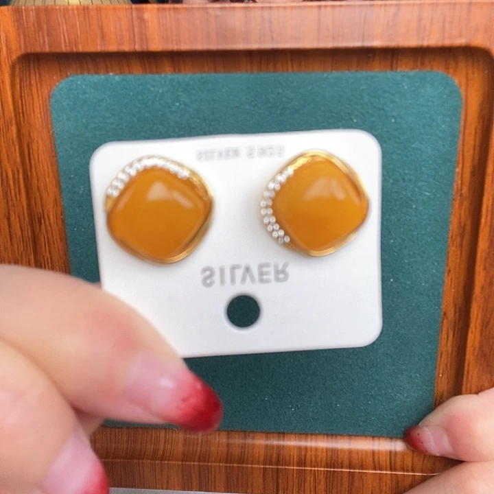 蜜蜡耳饰银S925镶嵌耳钉
