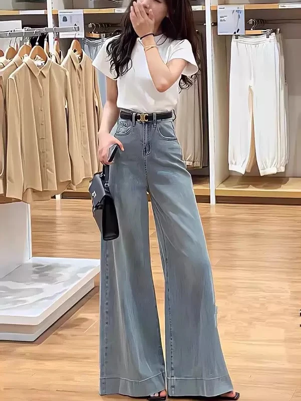 浅色阔腿喇叭牛仔裤2025新款夏季百搭宽松梨型身材洋气拖地长裤