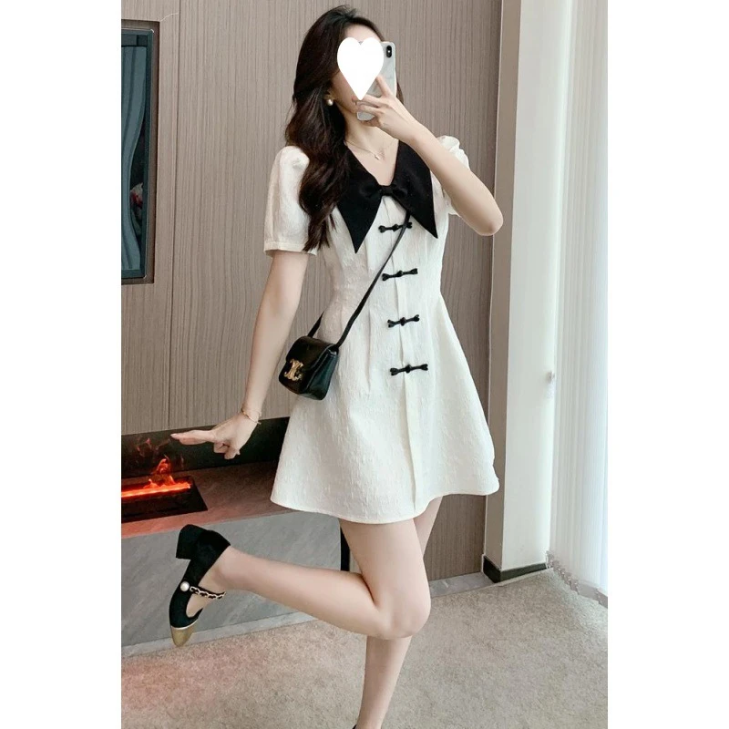 YH-63748大码女装娃娃领遮肚显瘦提花小香风新款法式V领连衣裙