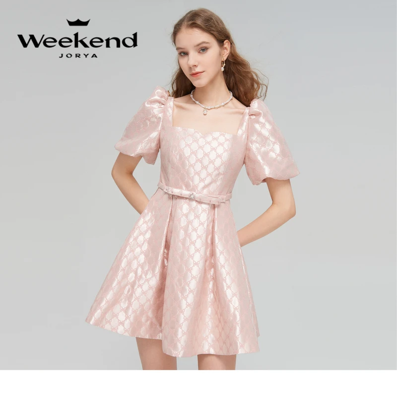 卓雅周末春方领泡泡袖蝴蝶结提花连衣裙EJWDAQ90