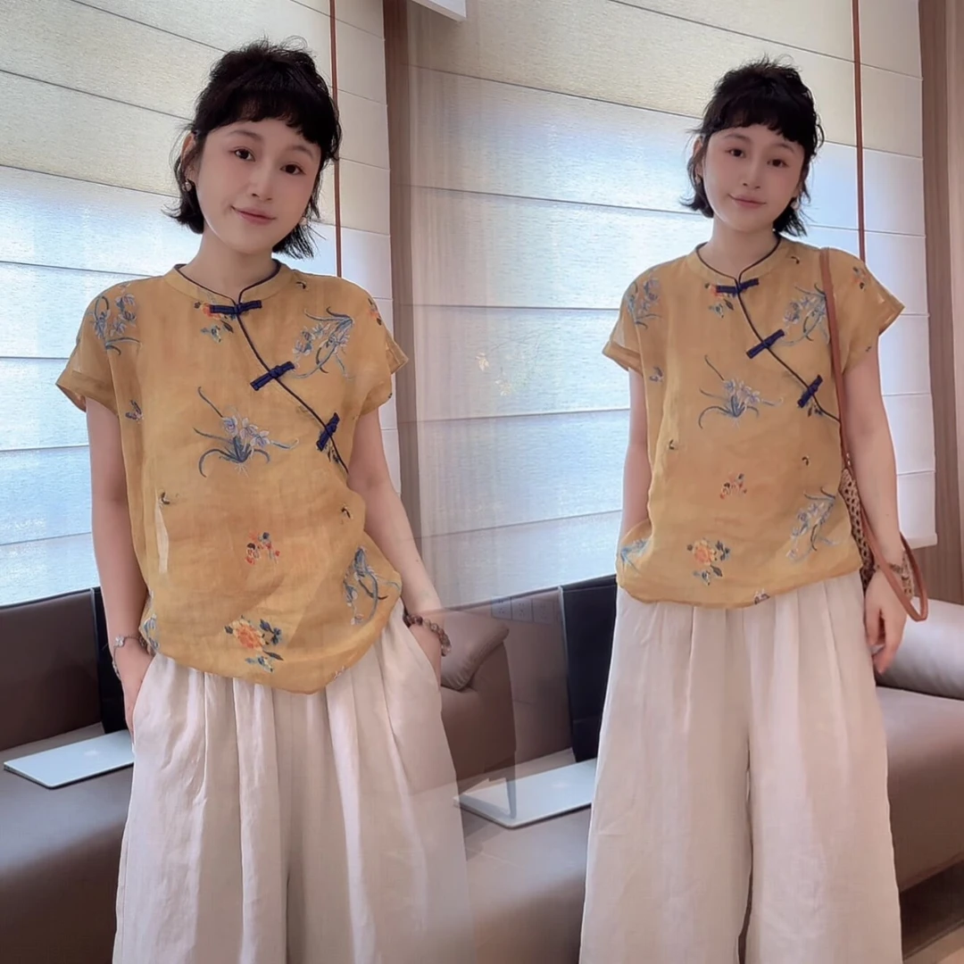 柚茗推荐---100%苎麻金玉兰定位刺绣新中式显瘦短袖