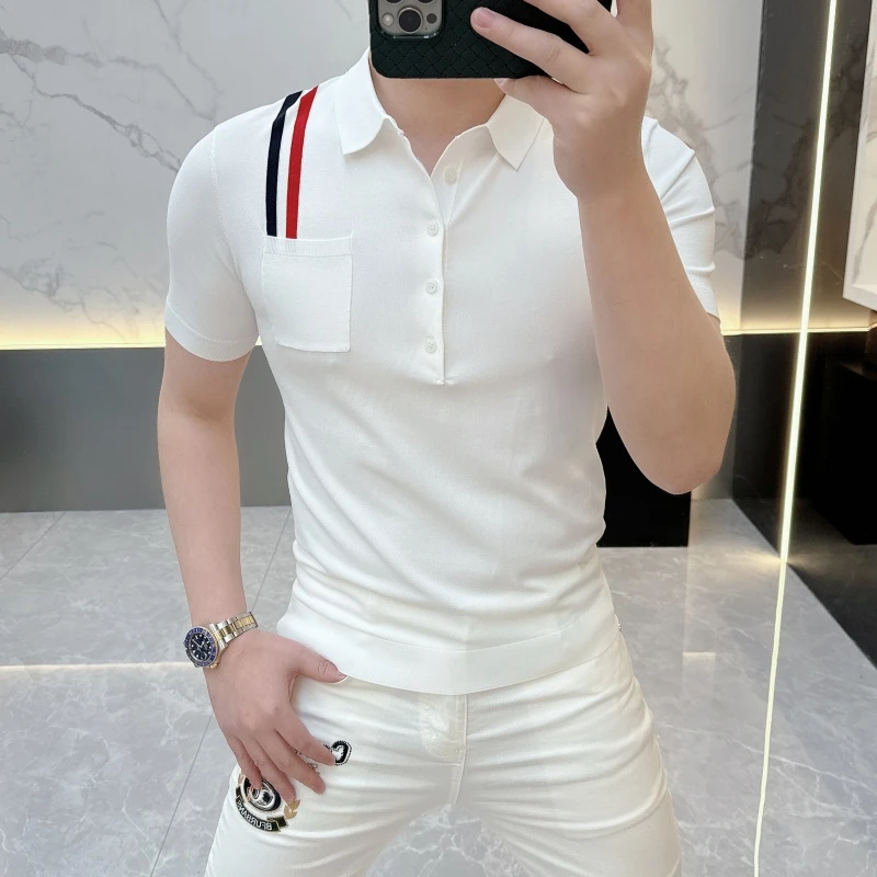 夏季新款男士高品质欧版轻奢时尚冰麻拼色针织半袖翻领polo短袖