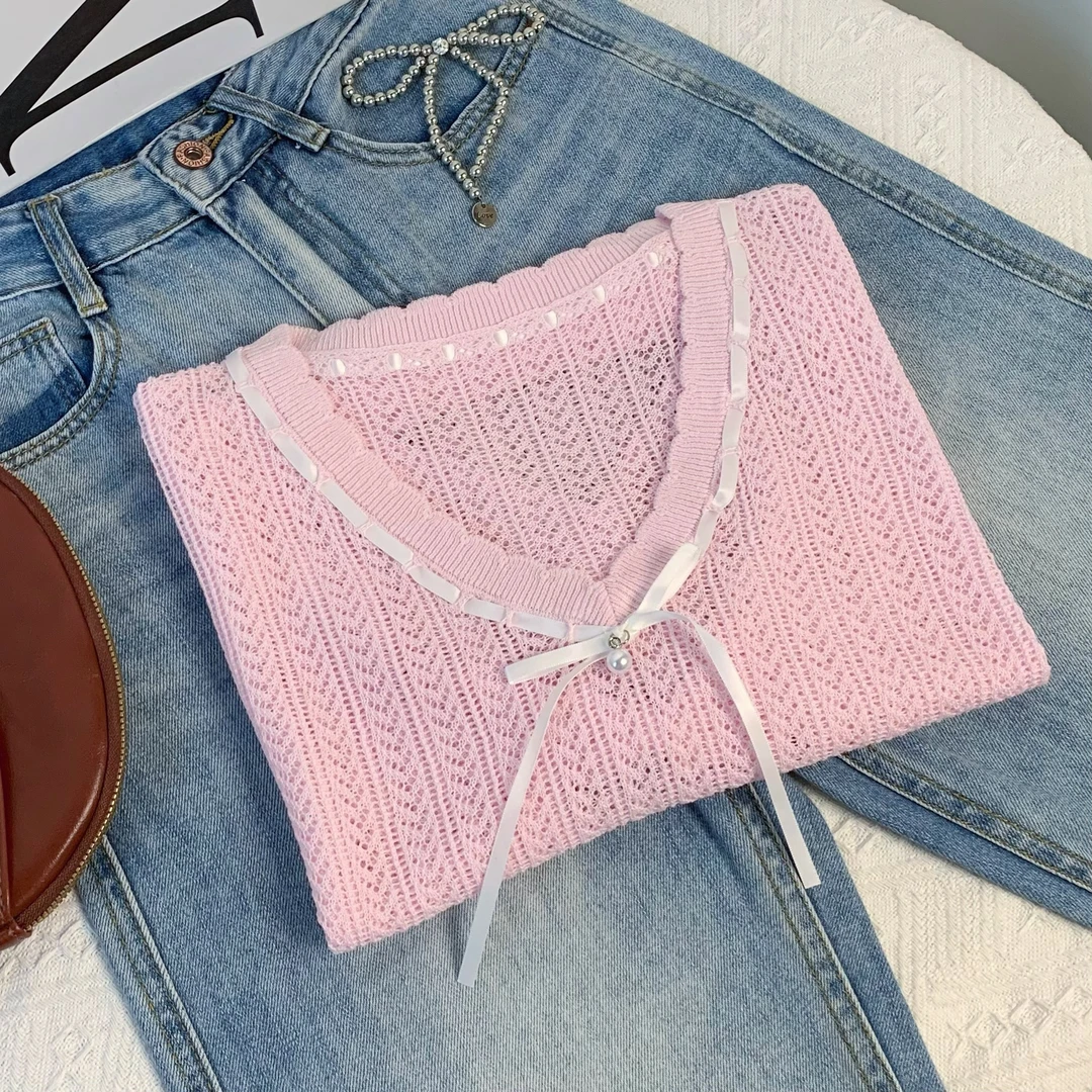 清-花边领镂空蝴蝶结珍珠款针织短袖162932
