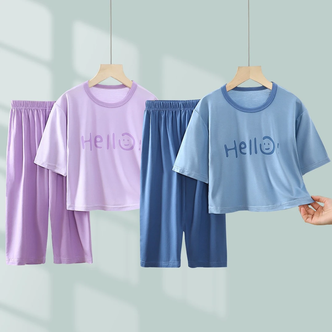 儿童莫代尔睡衣套装夏季女孩五分袖空调服两件套中大童薄款家居服