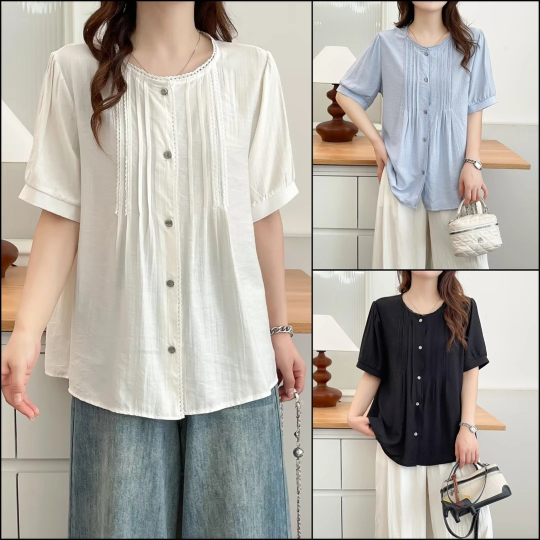 HUIZHIMEI/绘智美大码洋气显瘦设计感花边减龄遮肚气质短袖衬衫女