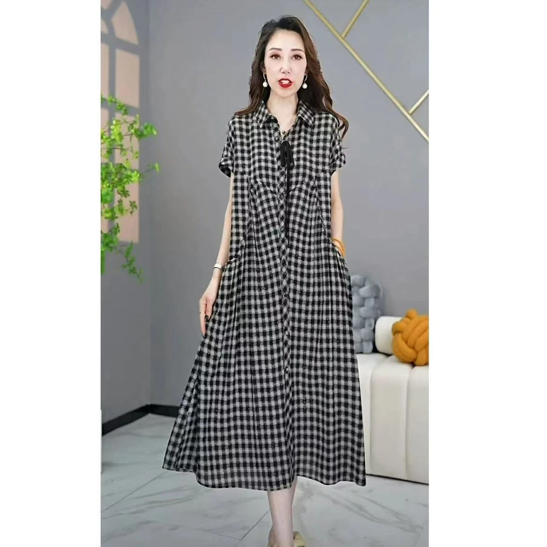 【连衣裙】夏季时尚新款连衣裙2025宽松洋气格子高级感中长款A字裙