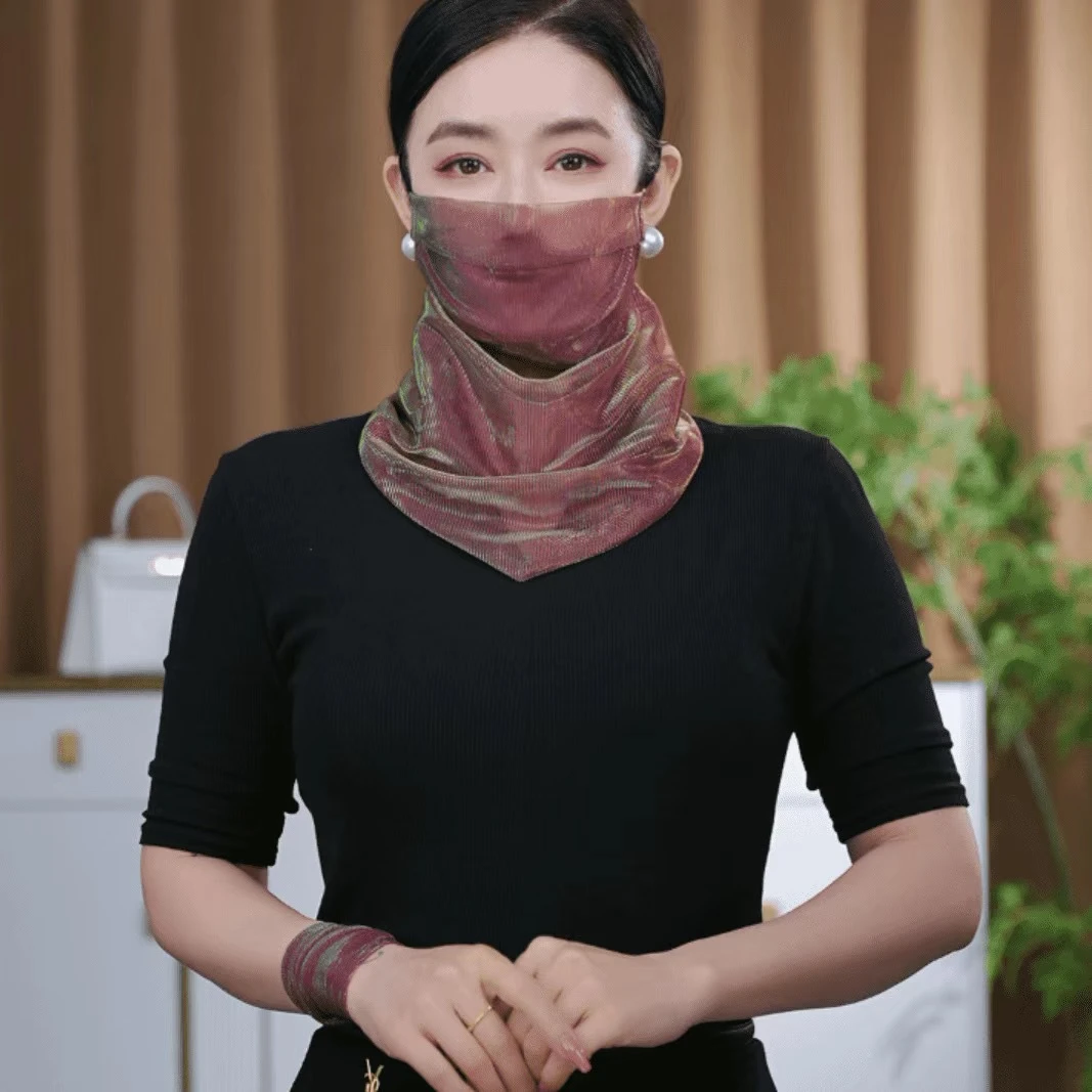 韩版新款面罩夏季面纱口罩一体炫彩挂珠围脖丝巾多功能围巾