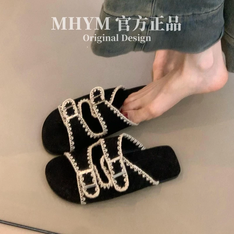 MH官方复古小众沙滩平底露趾凉拖鞋女法式休闲外穿时尚一字拖鞋