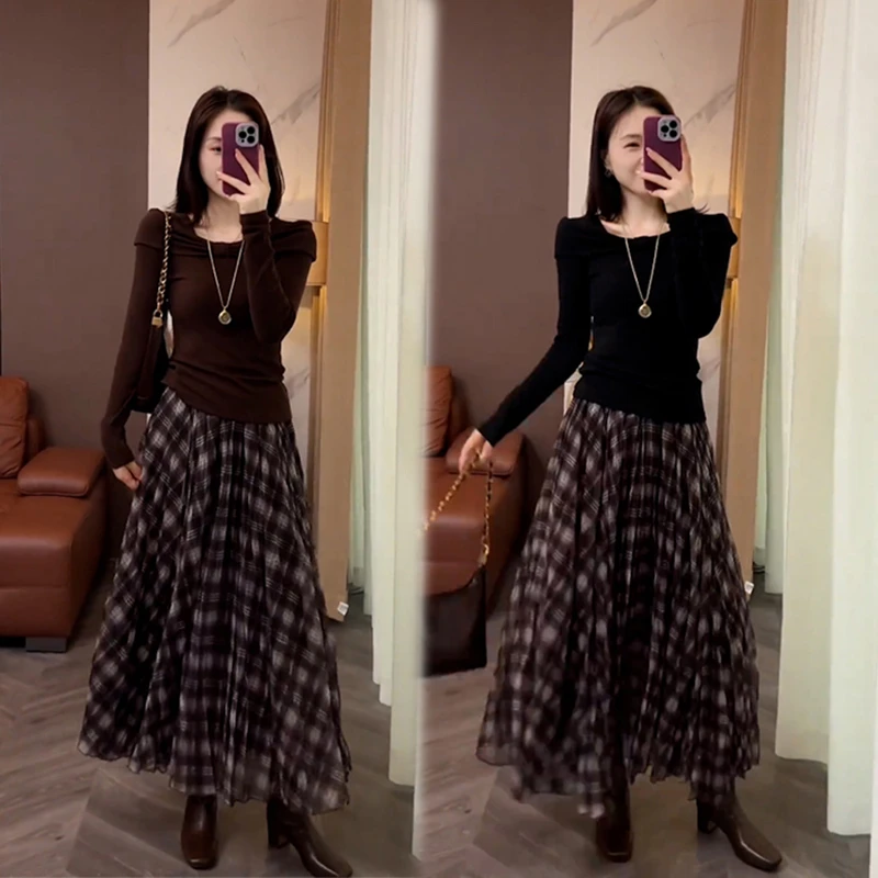 2025秋装新款韩版时尚气质百搭斜领长袖上衣+高腰半身裙两件套女