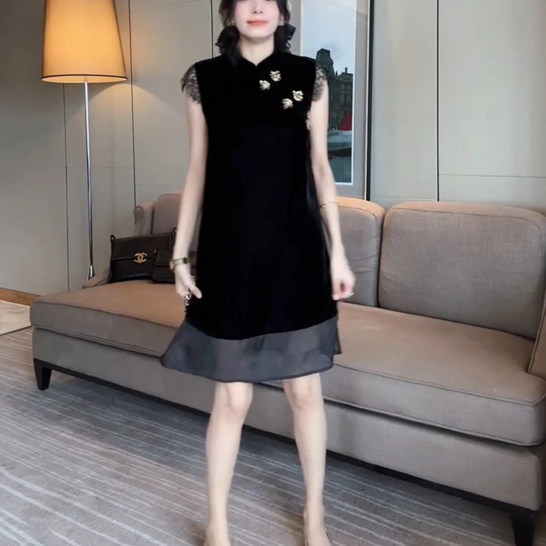 重工高档丝绒旗袍裙新中式国风设计重工钉珠少奶奶即视感洋气百搭