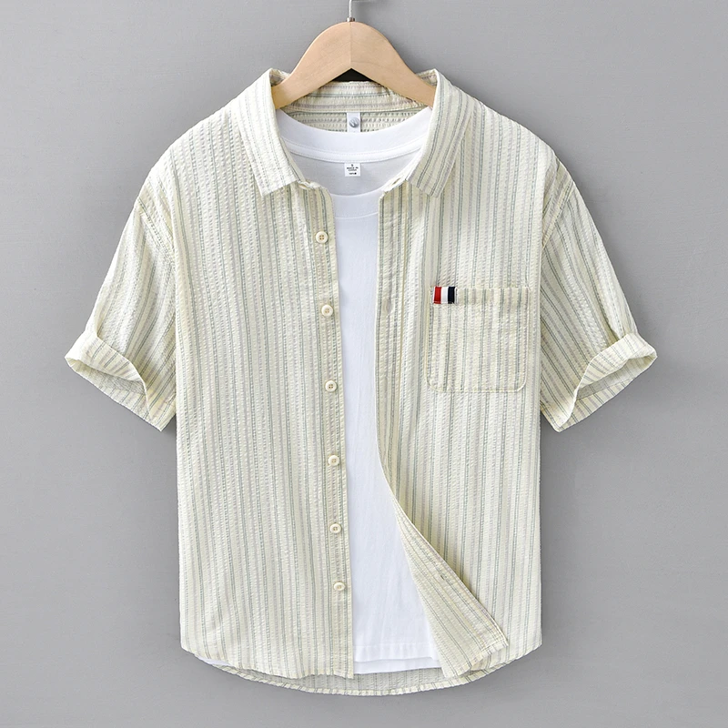 Cebrodz夏季纯棉透气男士短袖衬衫个性休闲时尚高级感条纹衬衣