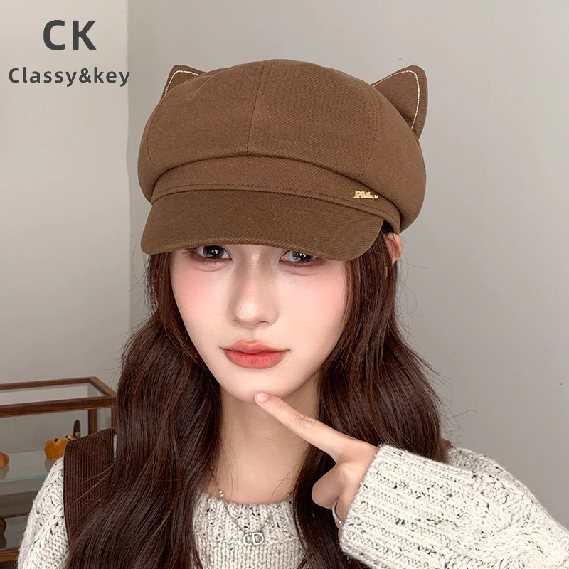 Classy key新加坡设计师联名款猫耳朵八角帽女款显脸小鸭舌贝雷帽