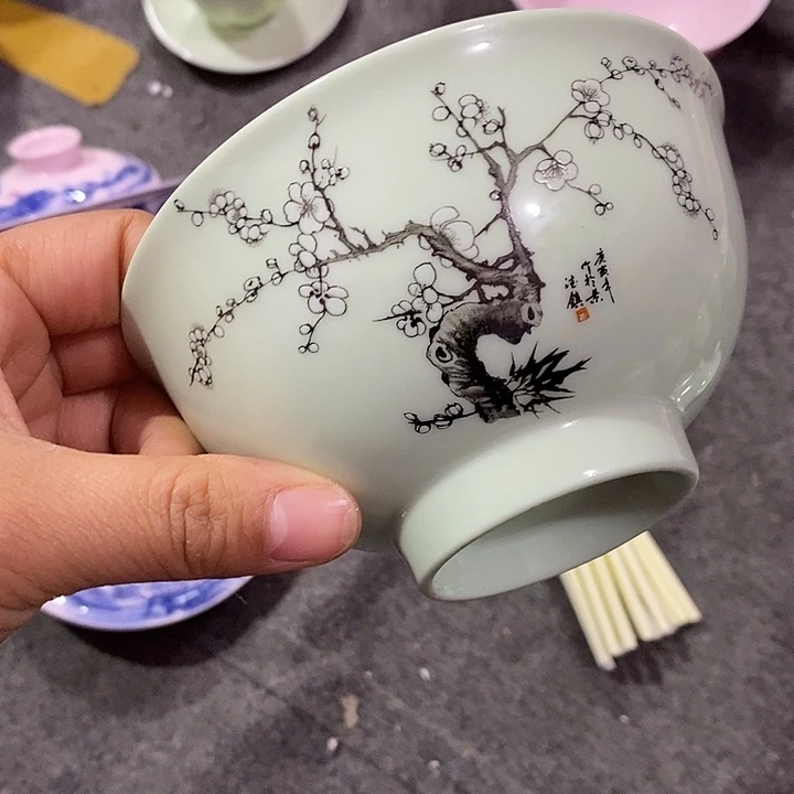 摆件陶5寸绿稀土墨彩梅花碗