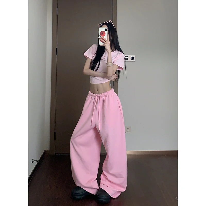 VS wrnot淡粉美神套装 显瘦正肩修身T恤女高腰拖地阔腿裤两件套