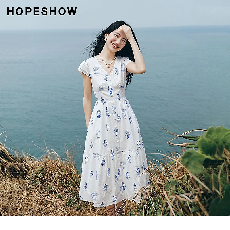 红袖2025夏女装【静谧蓝语】刺绣收腰小飞袖V领连衣裙90125151611