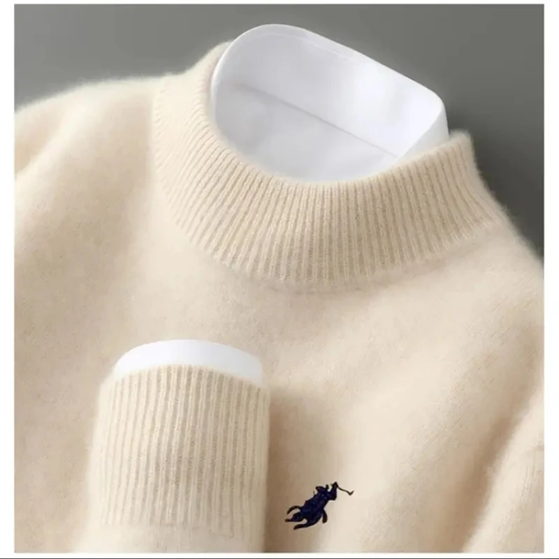 【100%山羊绒380克】小马标针织厚款时尚羊绒套衫半高领商务毛衣男