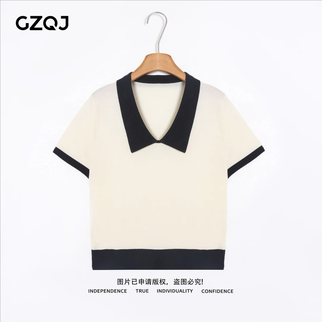 老琴私服【反转梦境】欧若风时尚设计感撞色翻领短袖针织上衣7931