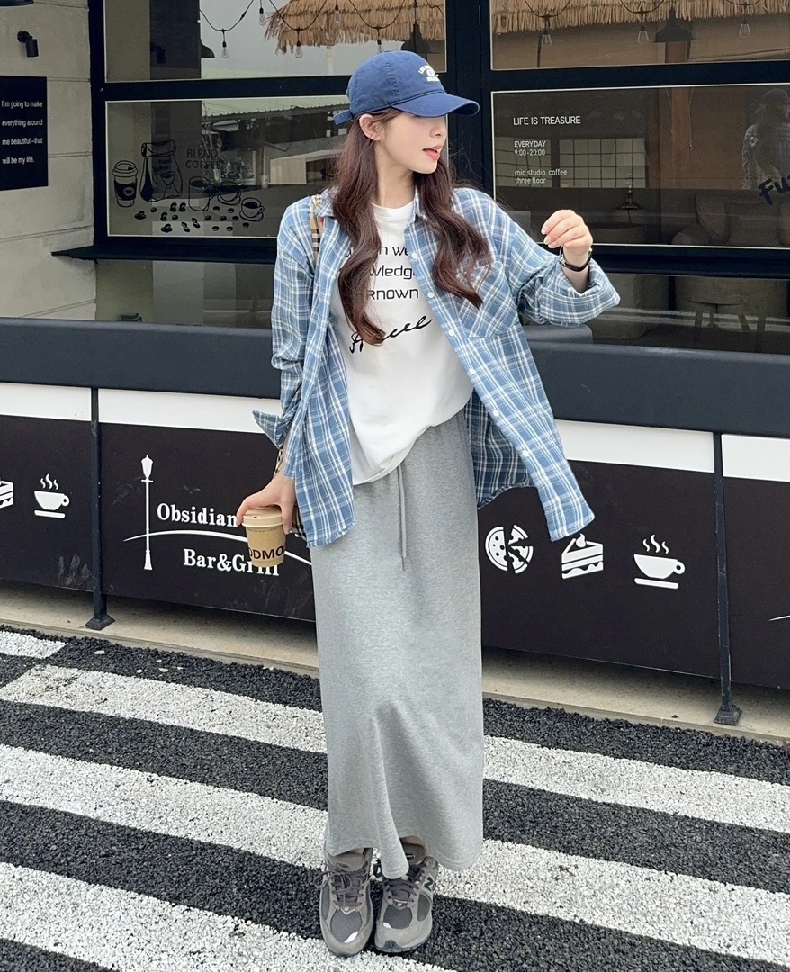 2025春夏防晒格子衬衫T恤休闲宽松韩版半身裙三件套套装A1902