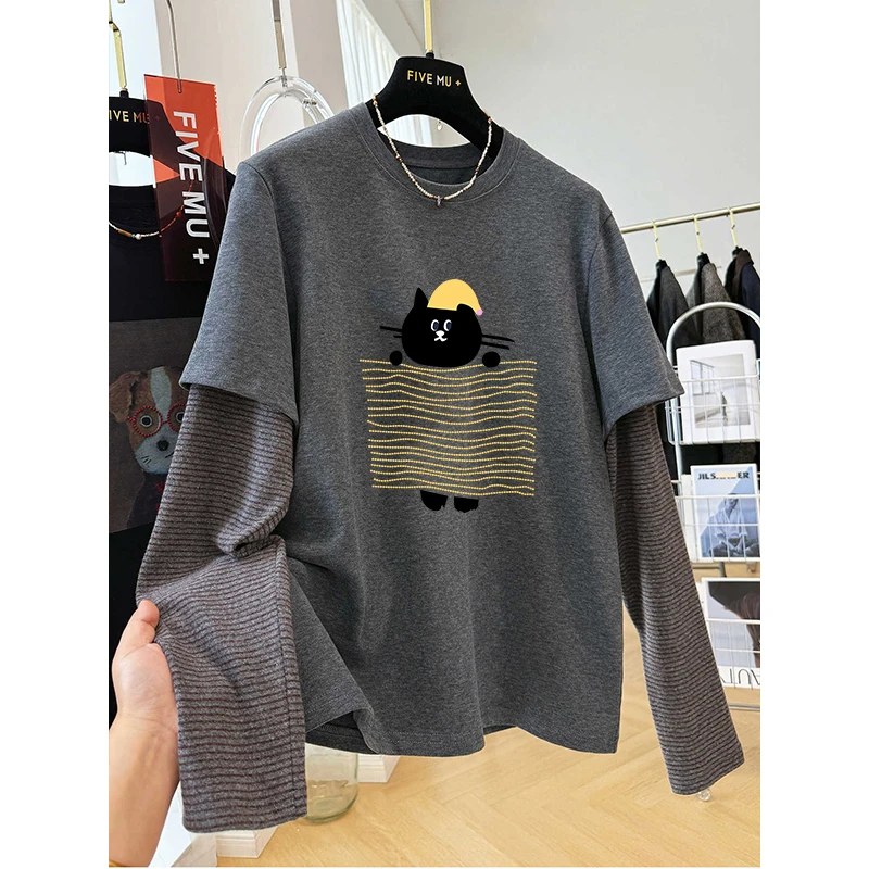 高端大码德绒202秋冬季新款假两件t恤高级感穿搭上衣欧货潮保暖