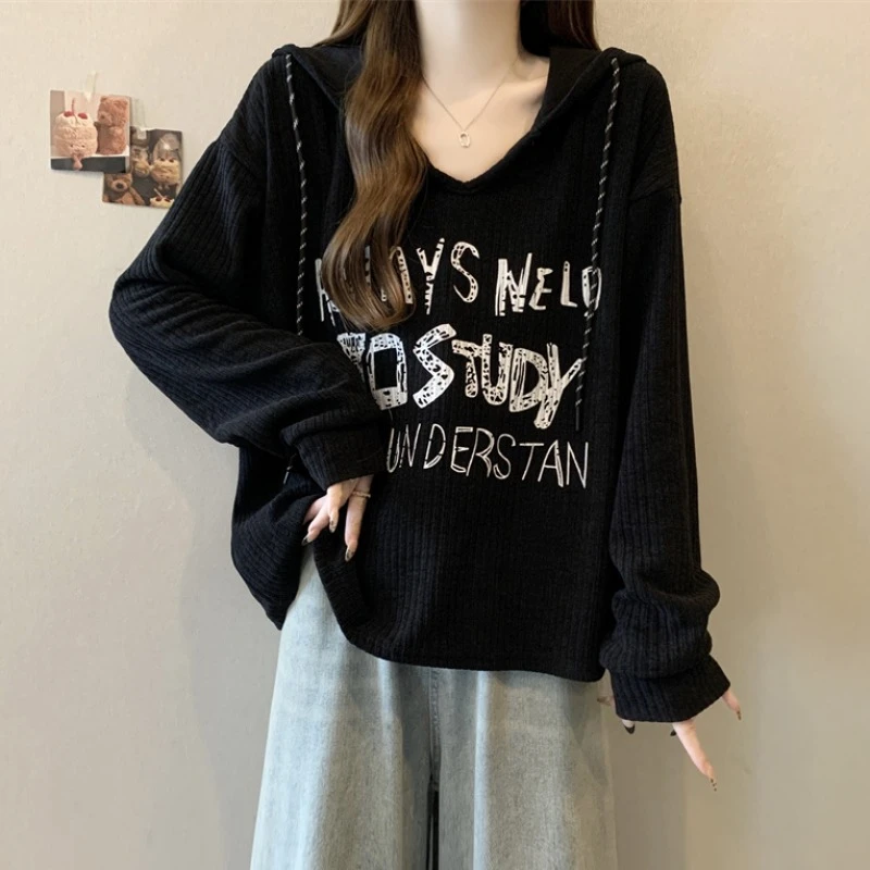 大码遮肚子字母印花连帽卫衣女春秋胖MM宽松显瘦百搭洋气长袖上衣