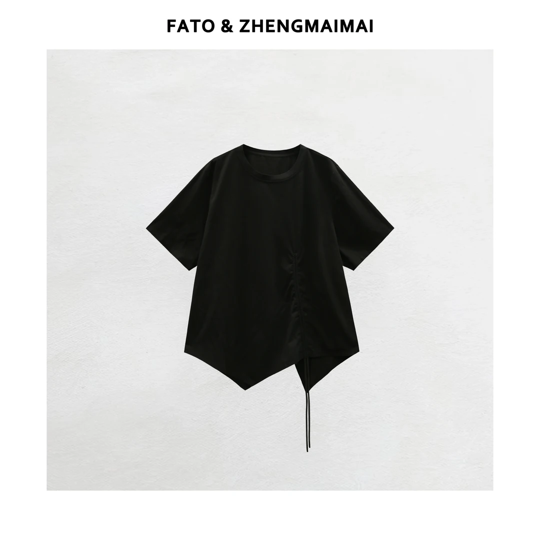 【郑买买】黑色绑带 夏季款微奢气质上衣不规则显瘦短袖T XM50628T9