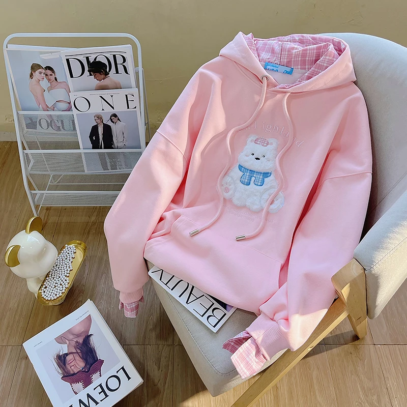 设计感小众奶呼呼格子拼接假两件加厚卫衣女秋冬时尚中长款外套潮