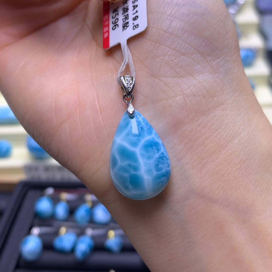 银S925镶嵌针钠钙石（海纹石）颈饰精品满纹水滴