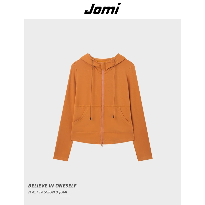 JOMI连帽短款开衫女春秋修身休闲拉链口袋百搭外套