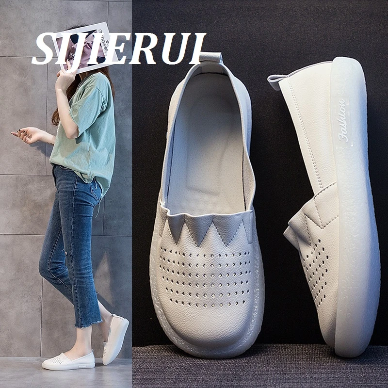 SIJIERUI2025年夏季透气软底休闲鞋真皮镂空乐福鞋平底单鞋女大码