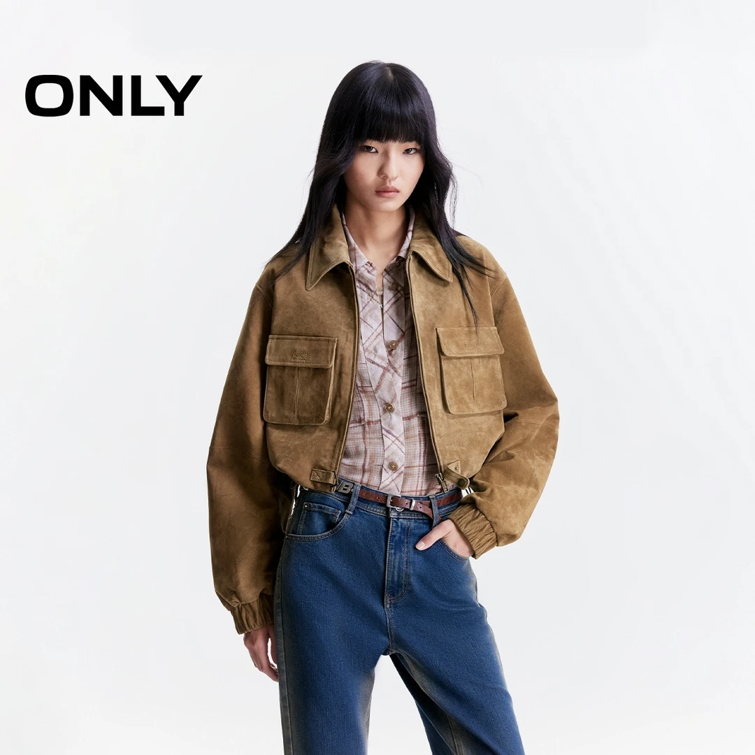 【琥珀流光】ONLY2025秋季新款抽绳正肩口袋短款皮衣女|125310017