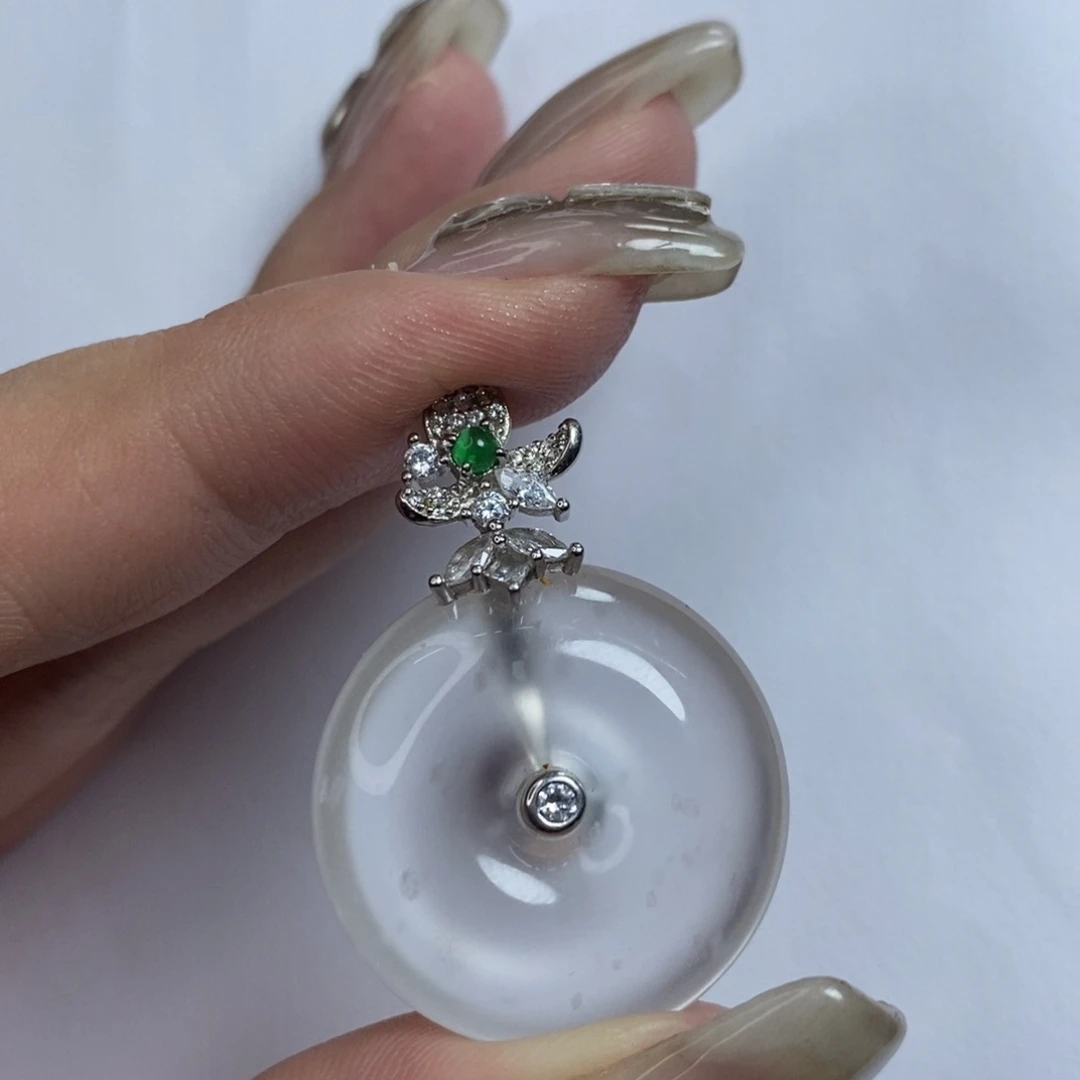 石英质玉平安扣银S925镶嵌纵*者