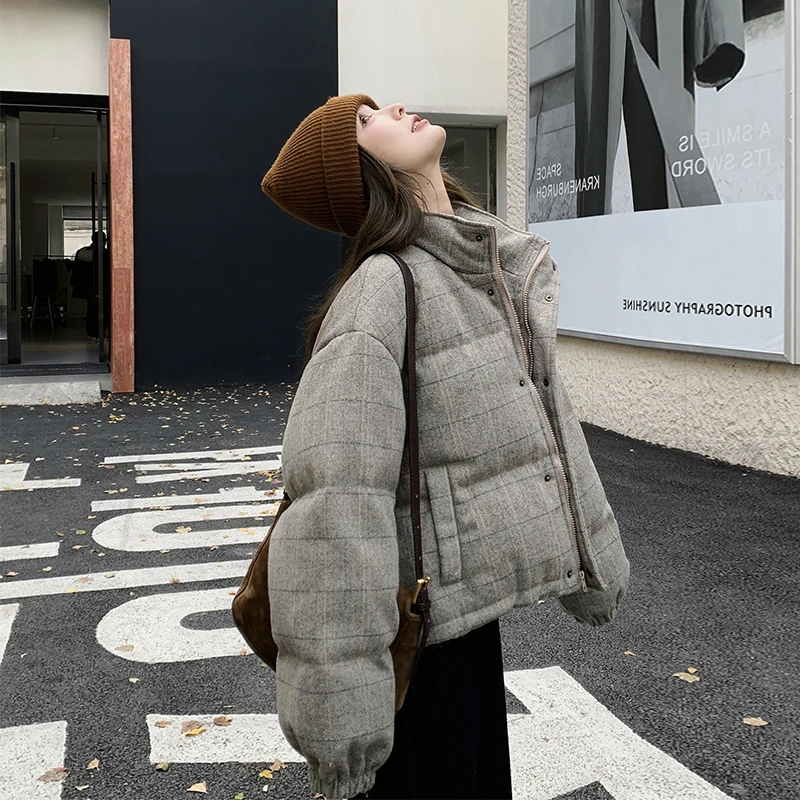 格子毛呢短款羽绒服女冬季2025新款小个子超好看独特流行设计感