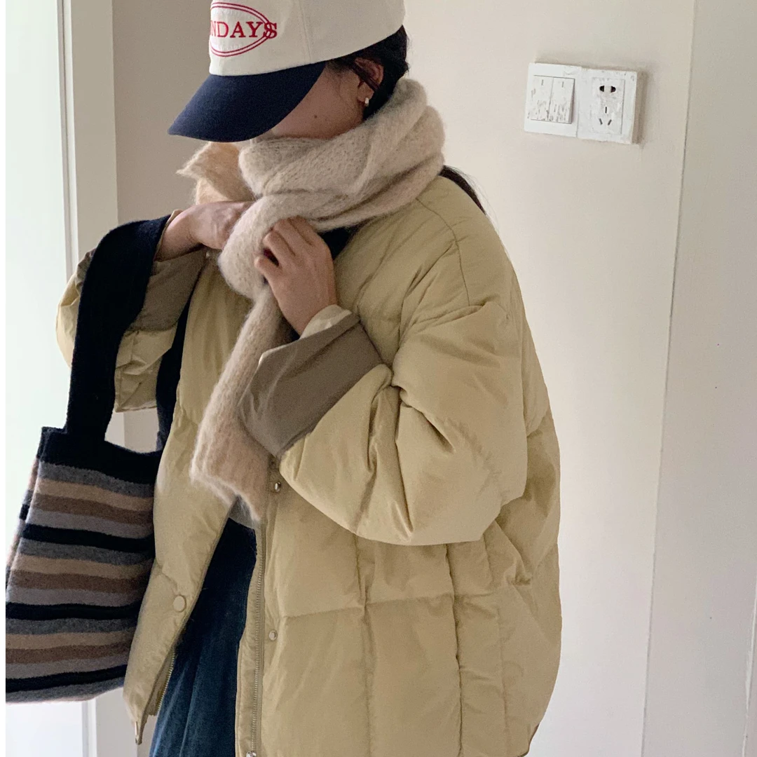 韩系无领撞色保暖羽绒服女923