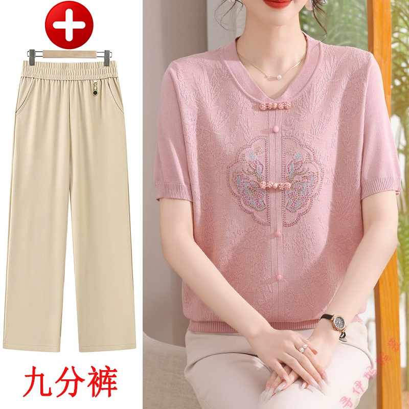 新款夏季时尚妈妈装国风盘扣薄款小衫中老年女时尚针织T恤打底衫