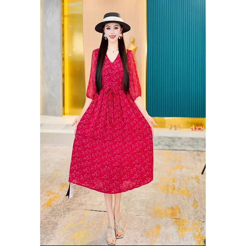 【贵妃红】气质显瘦连衣裙女新款高级感穿搭时尚洋气印花AD1027