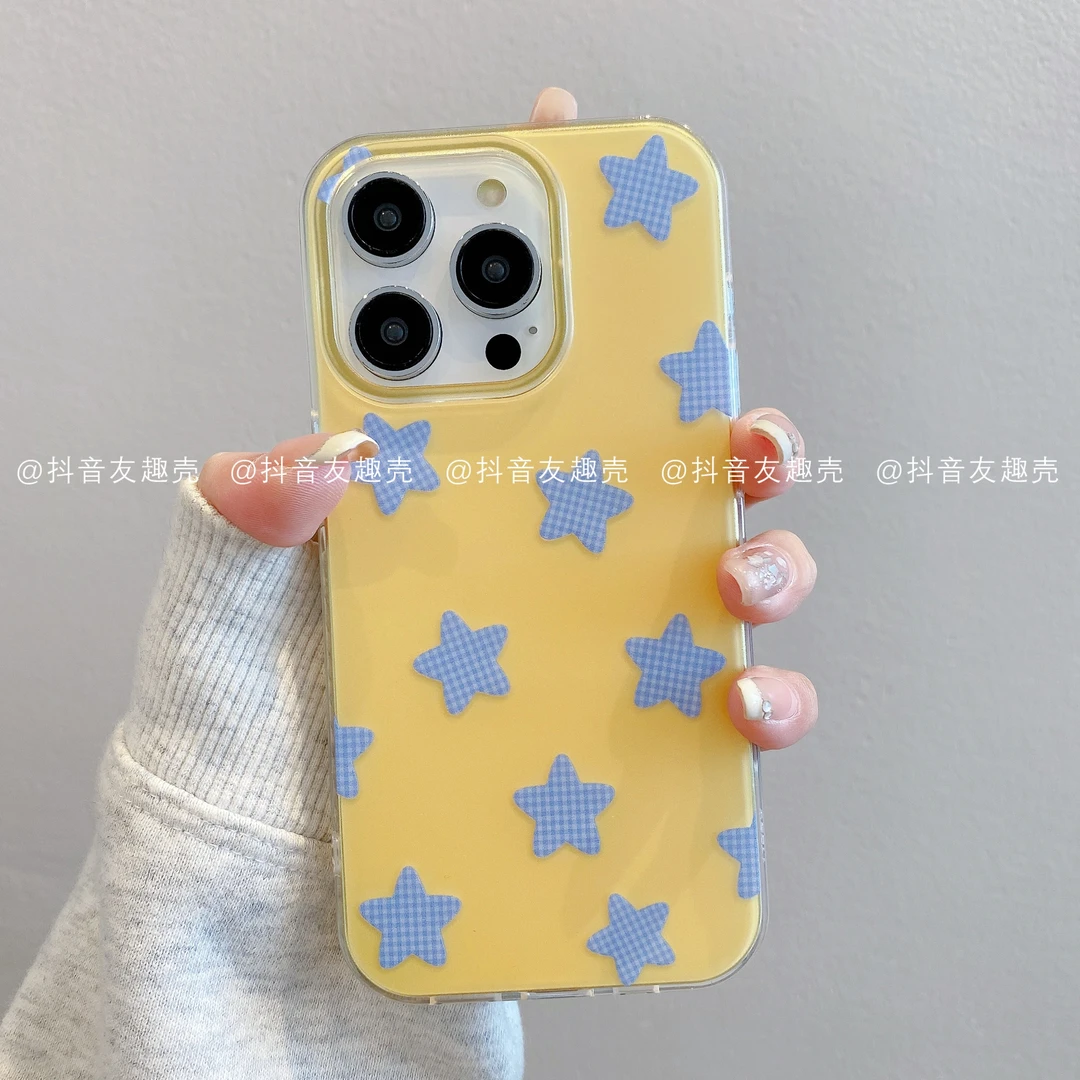 适用于苹果16新款华为vivo小米oppoIMD奶油壳手机壳可爱格纹星星