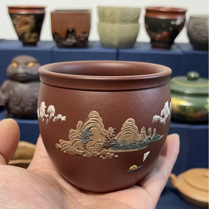 原矿紫砂龙血砂主人杯全手工堆绘山水茶杯150毫升水缸杯
