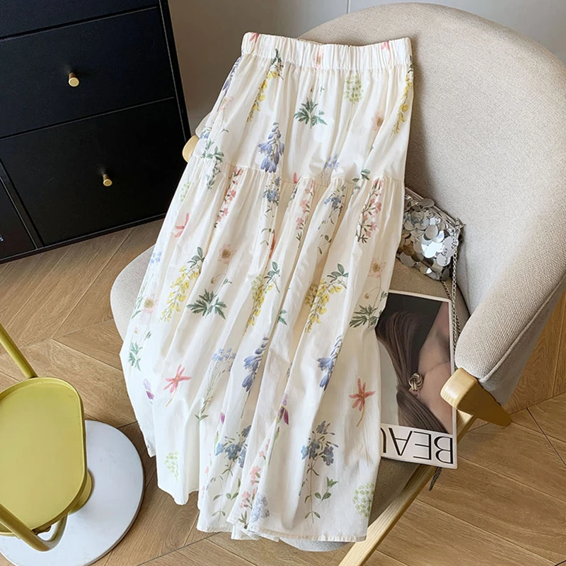 甜美减龄碎花a字松紧腰百褶半身裙女2025夏季新款小个子中长裙子